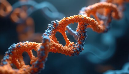 3D view of vibrant orange and blue DNA helix strand. Atomic molecular structure detailed genetic code, science research, medical biotech, abstract concept.