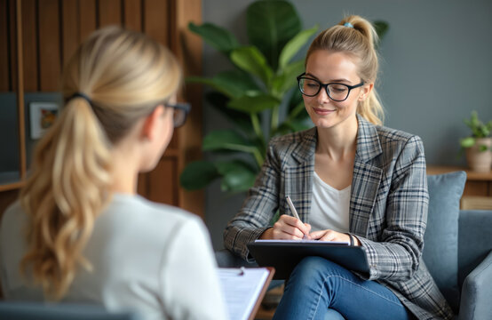Therapist listens to patient taking notes. Counselor consults with client indoors. Woman in glasses advises person seeking help. Pro mental health session.