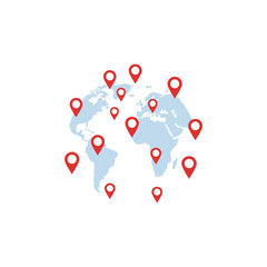World map with red location pins indicating global presence and connectivity, symbolizing international reach and network, in a clean and modern style.