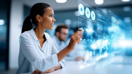 Professional woman uses transparent virtual screen to analyze global data trends in high tech office environment. Scene highlights digital transformation, innovation, smart business solutions - Powered by Adobe