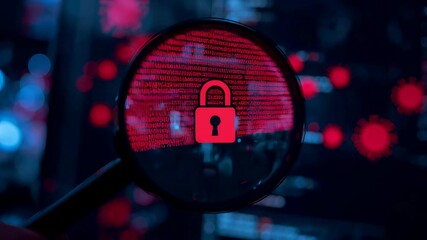 Red magnifying glass over glowing padlock on digital code background with bokeh lights - Powered by Adobe