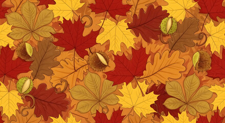 Obraz premium Vibrant autumn leaves and chestnuts create a warm, festive seasonal pattern