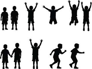Children silhouette, playful kids, jumping, running, holding hands, black vector, blue outline, activity poses, childhood joy, clipart, motion, celebration, interaction, group, fun, dynamic