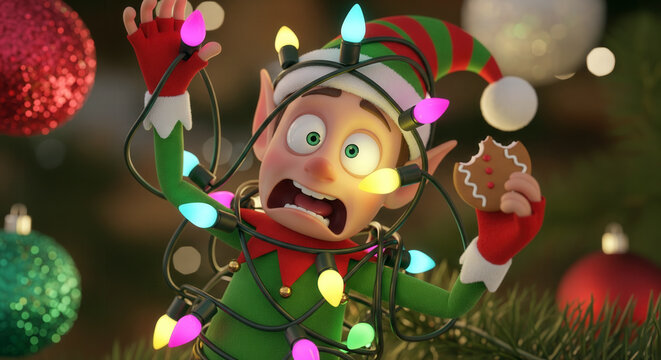 Funny Christmas scene showing a panicked elf tangled up in colorful string lights while holding a bitten gingerbread cookie