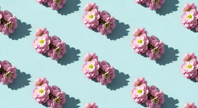 Elegant pattern of mattiola pink flowers arranged evenly on a light blue background, minimalist spring composition with soft shadows and delicate petals