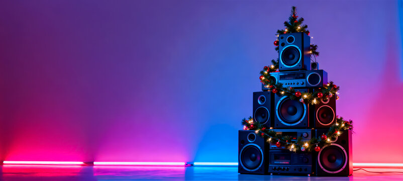 Speaker tower shaped like a Christmas tree glows with garland and fairy lights against a purple‑blue neon studio wall with wide copy space, upbeat holiday asset for audio brands and DJ events