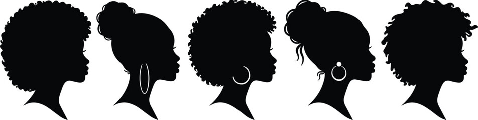 Female profile silhouettes, hairstyle diversity, black vector, textured hair, afro, bun, curly, earrings, fashion, beauty, editable, clipart, design, graphic, side view, cultural, stylish, bundle