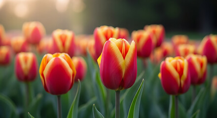 Beautiful tulip flower illuminated by warm sunlight in a spring garden, soft bokeh background.