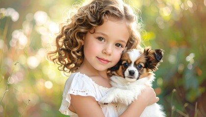 A young girl, fair-skinned with curly brown hair, smiles serenely while holding a small, spotted puppy in a blurred, sunlit background