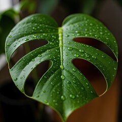 Close up of a vibrant green monstera leaf covered in water droplets against a blurred background