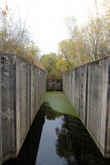 Gateway No. 4 of the Mazursky Canal near the village of Novo-Biyskoe, Kaliningrad region.An unfinished waterway in former East Prussia