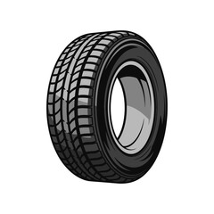 A detailed vector illustration of a single black automotive tire with a complex tread pattern, mounted on a simple grey wheel rim.
