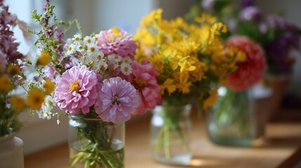 Colorful bouquet of wildflowers in jars on a wooden table during sunny morning