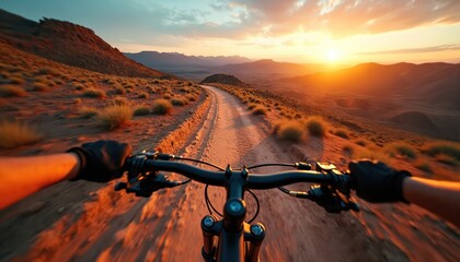 First person view of mountain biker riding dirt trail in desert landscape during sunset. Rider steers bike on dusty path with arid plants, distant mountains visible.