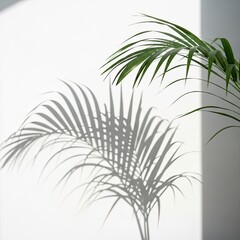 Naklejka premium A palm plant casting a shadow on a white wall creating a minimalist and calming aesthetic scene indoors