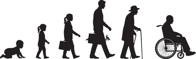 Human life stages silhouette, baby to elderly, aging process, development timeline, family growth, generational change, healthcare, mobility, childhood, adulthood, senior care