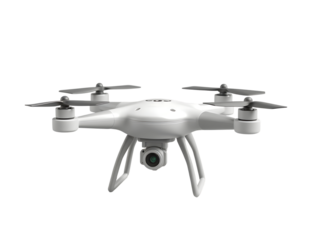 Modern white quadcopter drone with camera underside isolated on transparent background