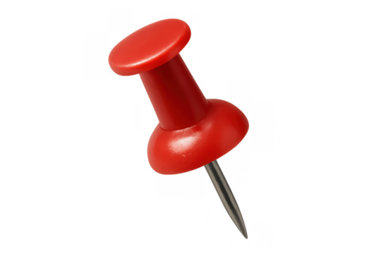 Red pushpin pushing into surface, secure hold, document fix, office supply, stationery item, transparent background