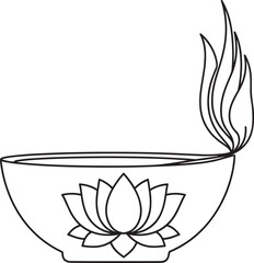 Lotus incense bowl illustration, spiritual flame design, peaceful meditation symbol, wellness decor concept, minimalist vector art for calm, healing, and relaxation themes