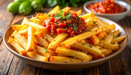 Close-up of golden-brown fried potato sticks in a shallow dish, topped with red relish and green garnish. Wooden table