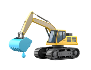 Yellow excavator with a blue bucket filled with water and dripping isolated on transparent background