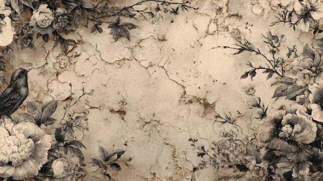 A stunning intricate floral design with peonies leaves and birds set against a weathered distressed background with a vintage antique aesthetic