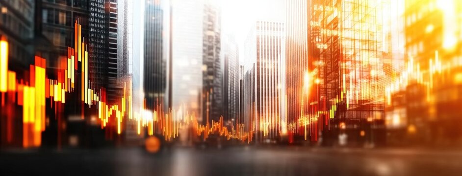 Urban finance landscape with electric grid and stock market data in a high-resolution double exposure composition