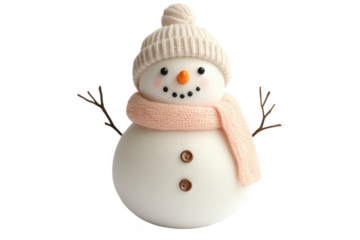 Snowman with knitted hat and scarf isolated on a transparent background