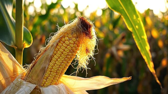 Close-up of a stalk of ripe corn, silk shimmering, in a field.