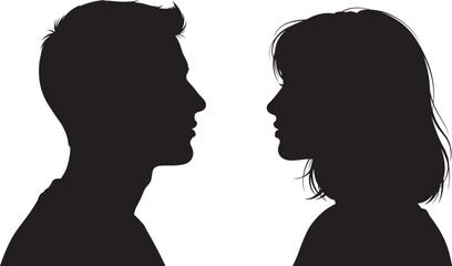 Silhouette profiles, two people facing, emotional connection, black vector art, human relationship, communication concept, white background, artistic pose, facial contour detail