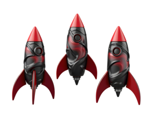 Three stylized retro science fiction rockets with red fins and black and grey bodies isolated on transparent background