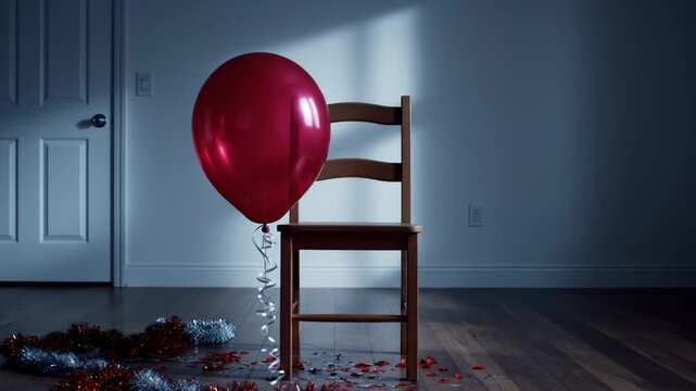 Red Balloon Tied to Chair in Empty Room After Party, Somber Mood