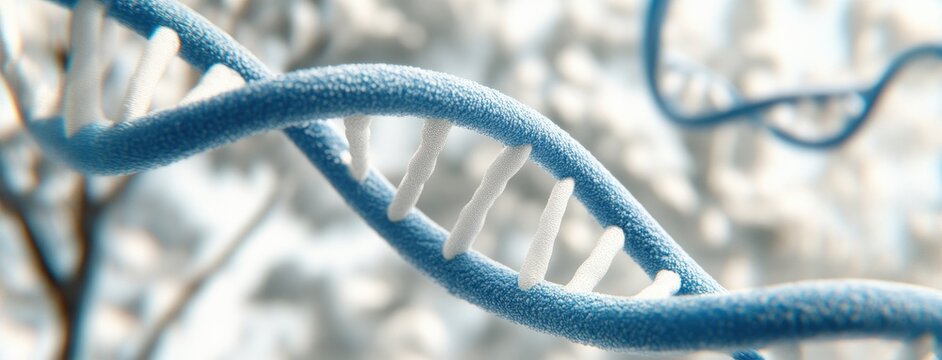 A hyper-realistic 3D rendering of DNA on a vibrant blue background showcasing intricate details and cinematic lighting effects