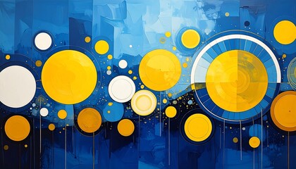 Abstract artwork featuring a blend of blue brushstrokes and floating yellow and white circles of varying sizes