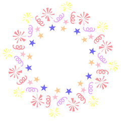 A festive frame featuring a pattern of multi-colored stars and confetti arranged in a circle on a white background