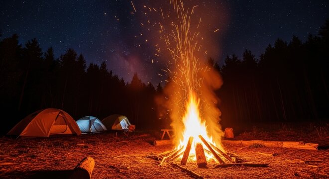 Nighttime forest camping with campfire and tents under starry sky - Powered by Adobe