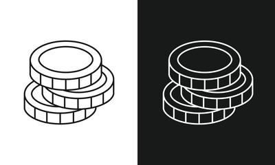 Minimalist Coin Stack Icon Illustration Featuring Three Textured Coins in Split Black and White Contrast, Financial Symbol Visual for Currency, Wealth, and Savings-Themed Content.