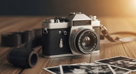 Vintage camera and photos on wooden table in sunlight