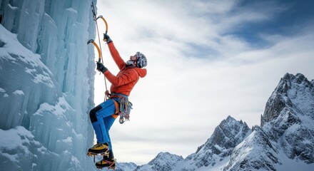 Young caucasian male ice climbing in snowy mountain landscape