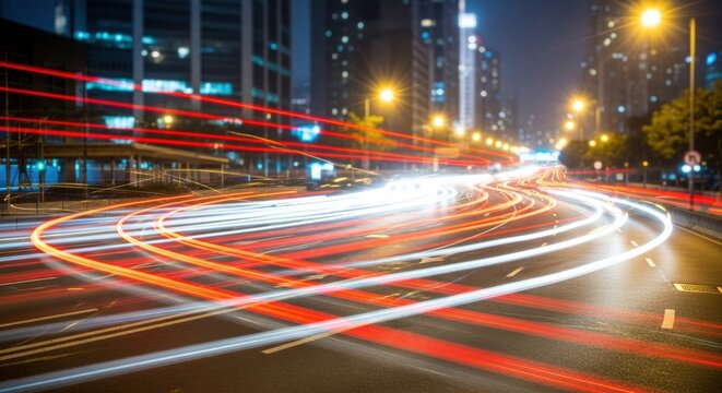 Dynamic night cityscape with vibrant light trails on busy urban street