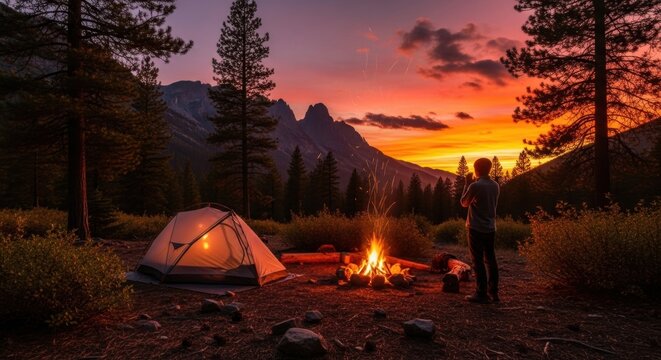 Male camper watching sunset by campfire in mountainous forest landscape