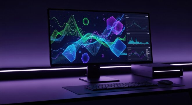 Futuristic workspace with vibrant digital display and neon graphics