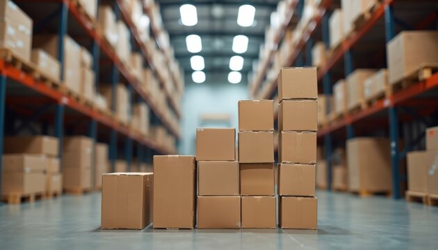 Cardboard boxes stacked in warehouse aisles symbolize rising profits and business growth. Boxes are arranged in a graph formation on floor, indicating logistic success and increased trade volume.