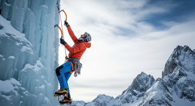 Young caucasian male ice climbing in snowy mountain landscape