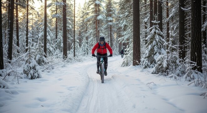 Caucasian male biking through snowy forest trail in winter wonderland