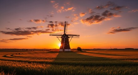 Obraz premium Sunset over field with windmill silhouette and dramatic cloudscape