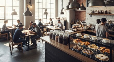Cozy urban cafe scene with diverse adult patrons and rustic decor