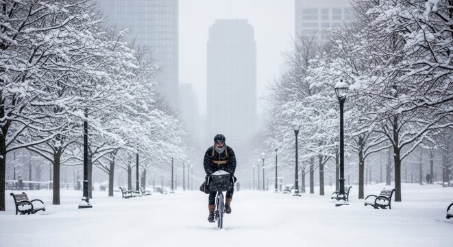 Asian male bicyclist rides through snow-covered park in wintery urban landscape
