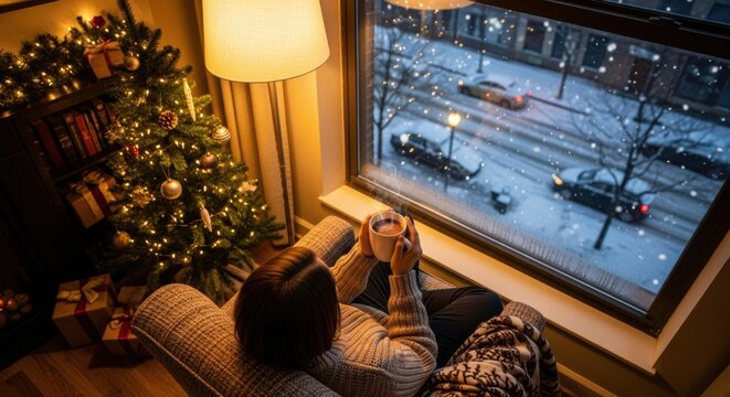 Cozy winter evening: woman enjoying hot drink by window with snowy street view and christmas tree - Powered by Adobe