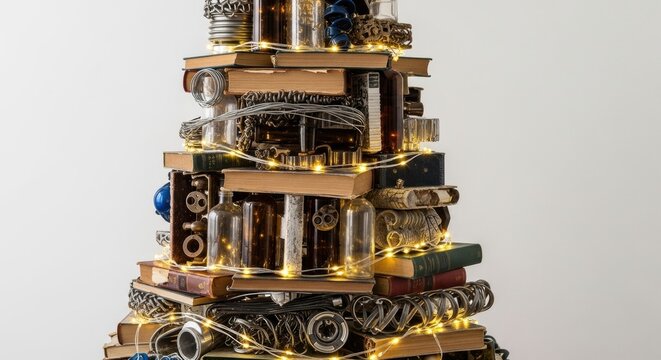 Creative stacked book sculpture with fairy lights and vintage decor elements